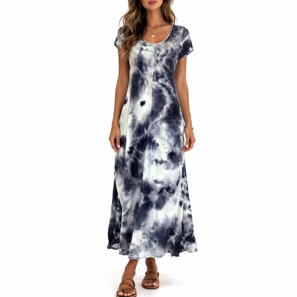 EESOME Tie Dye Stretch Rayon Maxi Dress With Pockets Ladies Medium